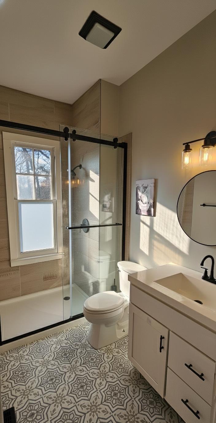 This bathroom is designated for rooms with letters "A", "B", "C", and "D" in main hallway