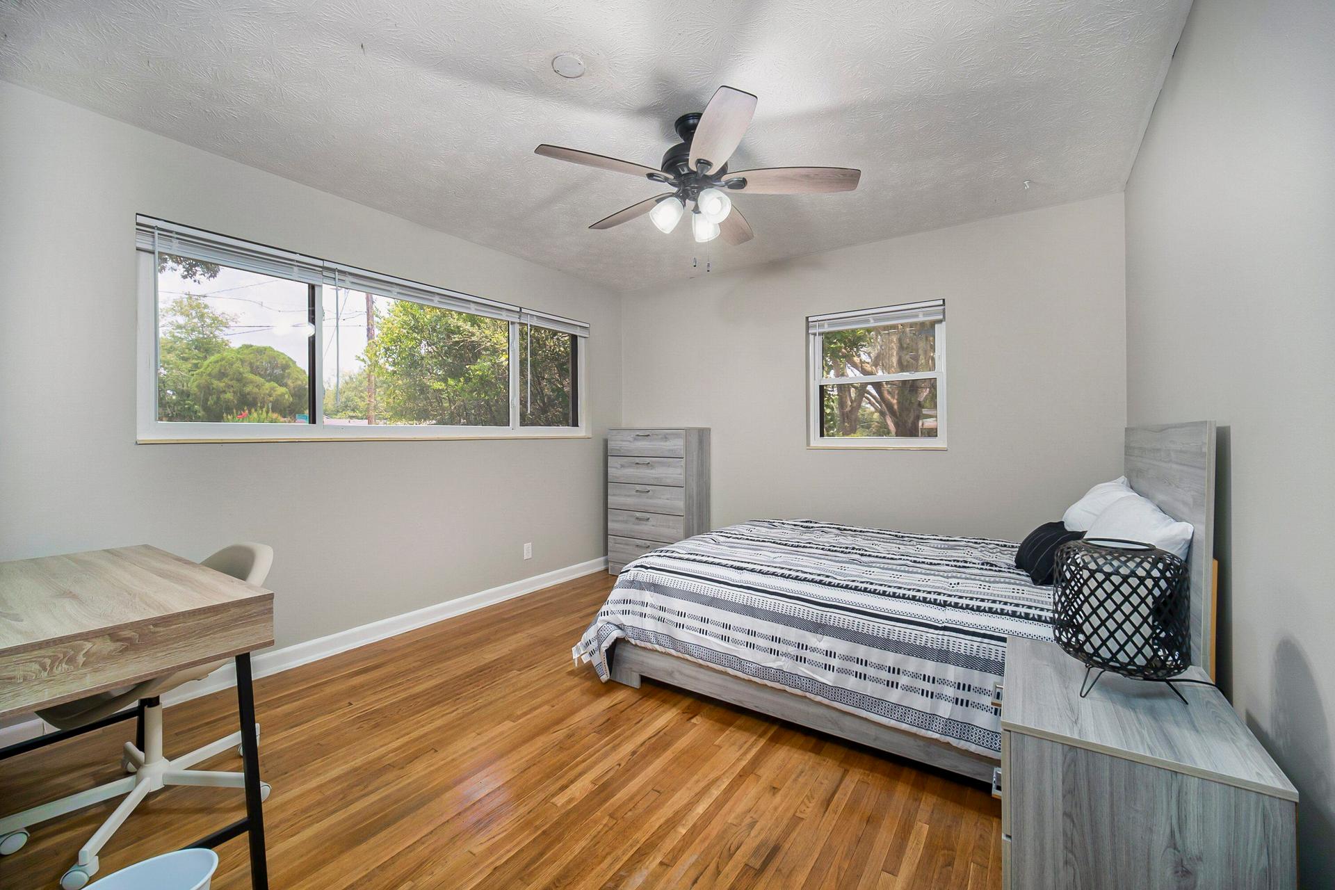 bedroom, detected:ceiling fan, window blind, bed