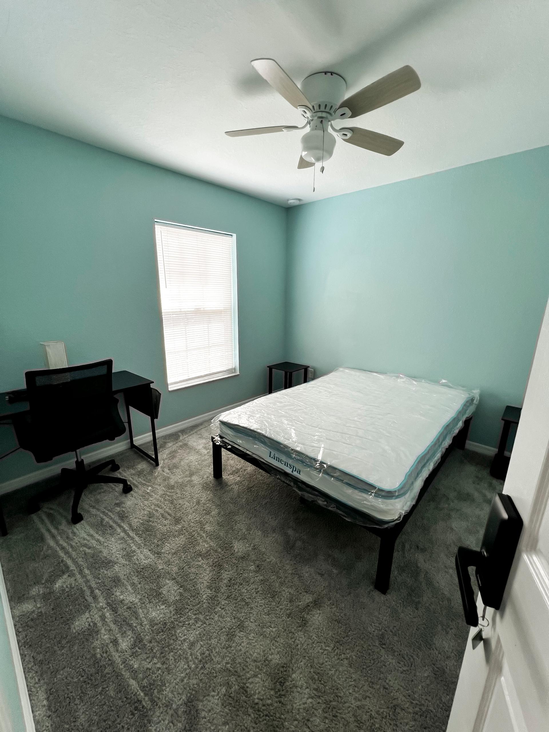 bedroom, detected:ceiling fan, bed, window blind