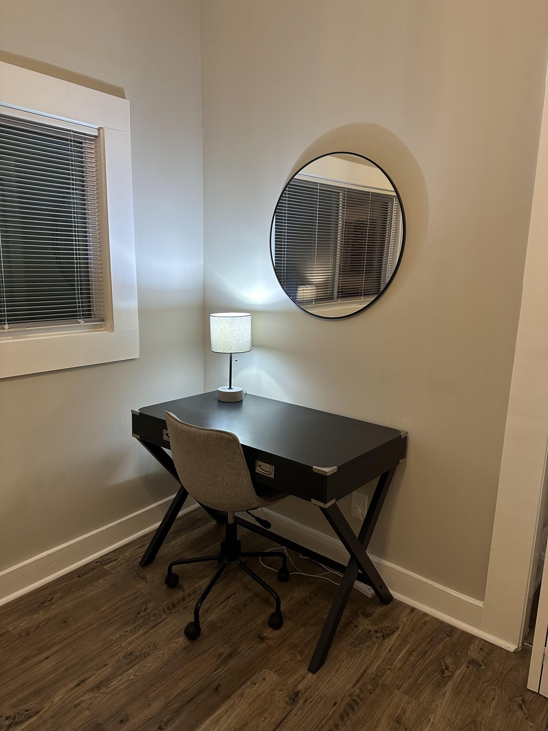 Desk, comfortable task chair, lamp, and power strip (Nov 23)
