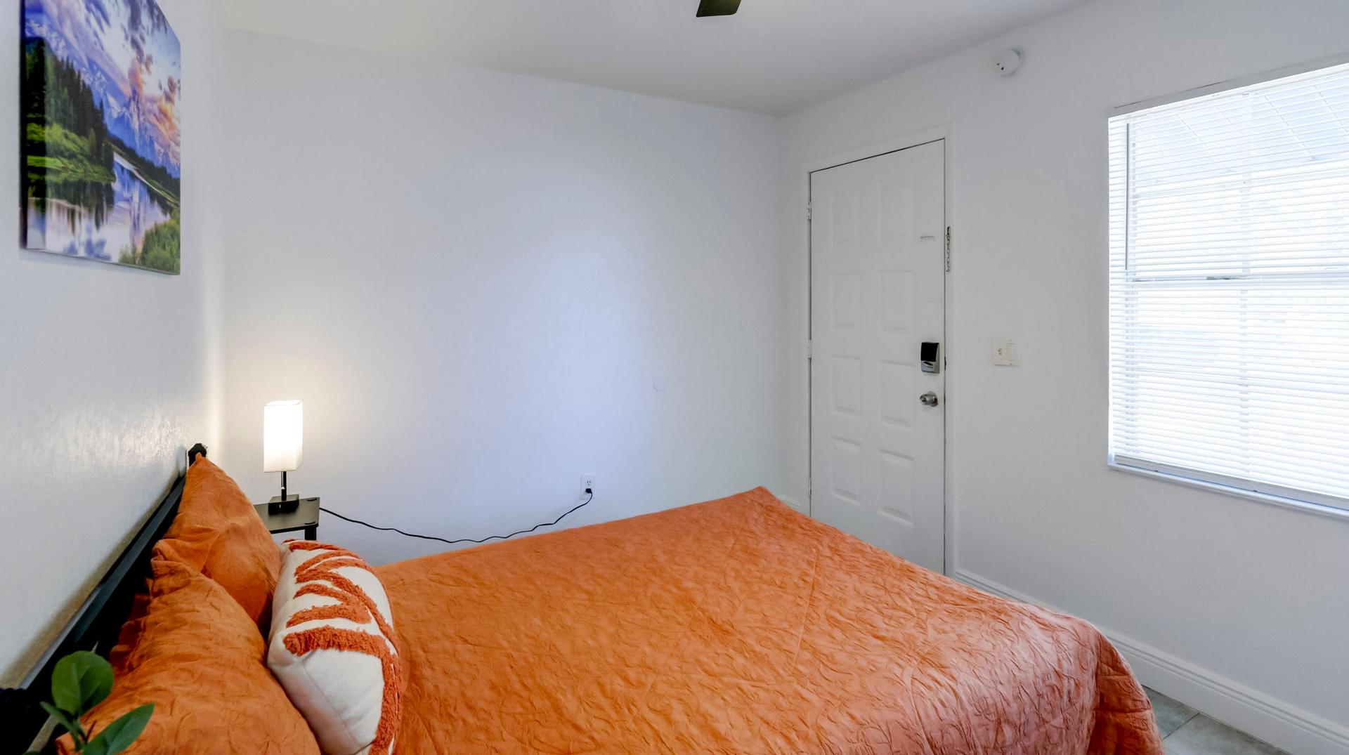 bedroom, detected:window blind, bed, ceiling fan