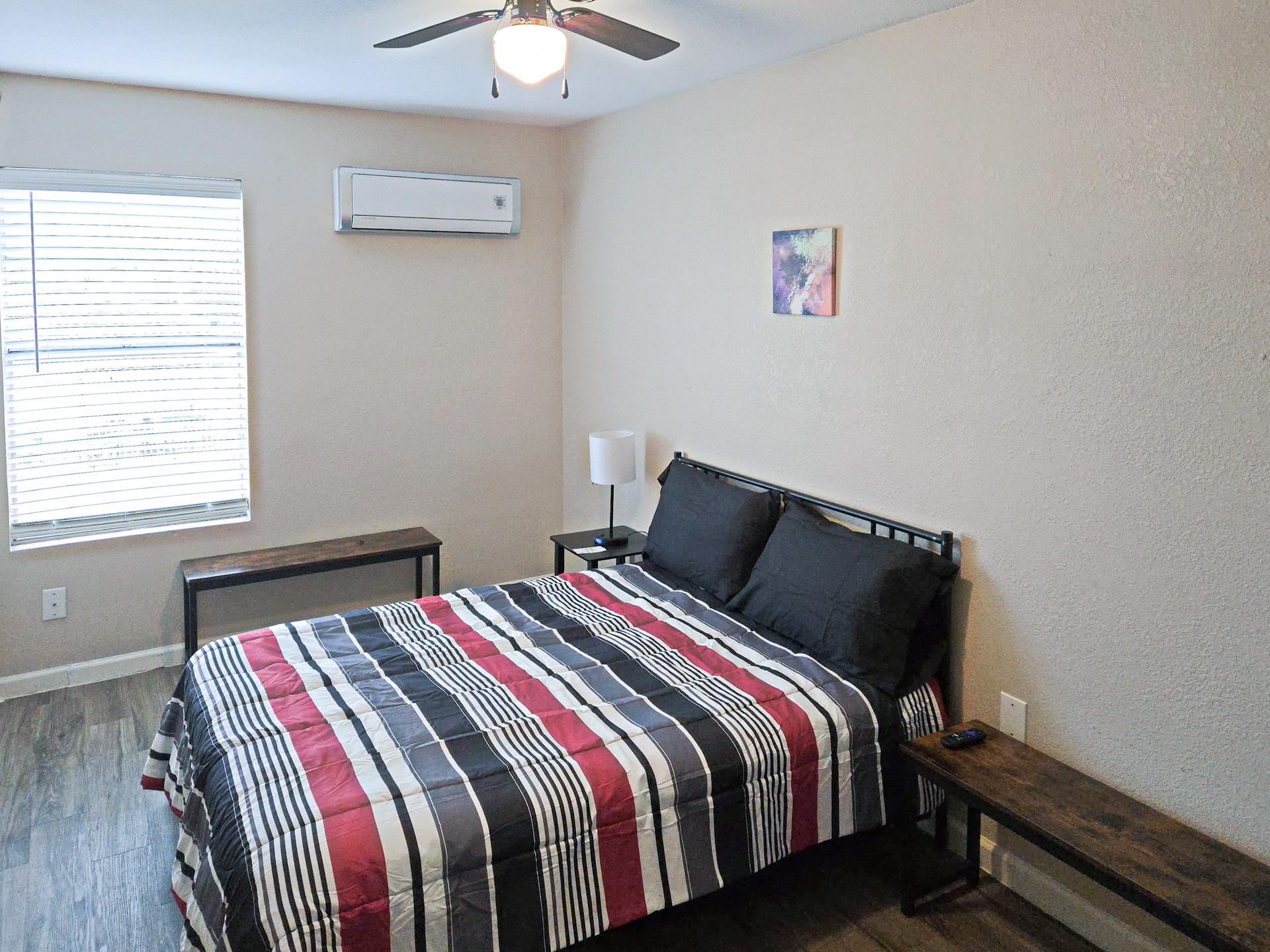 bedroom, detected:bed, ceiling fan, window blind