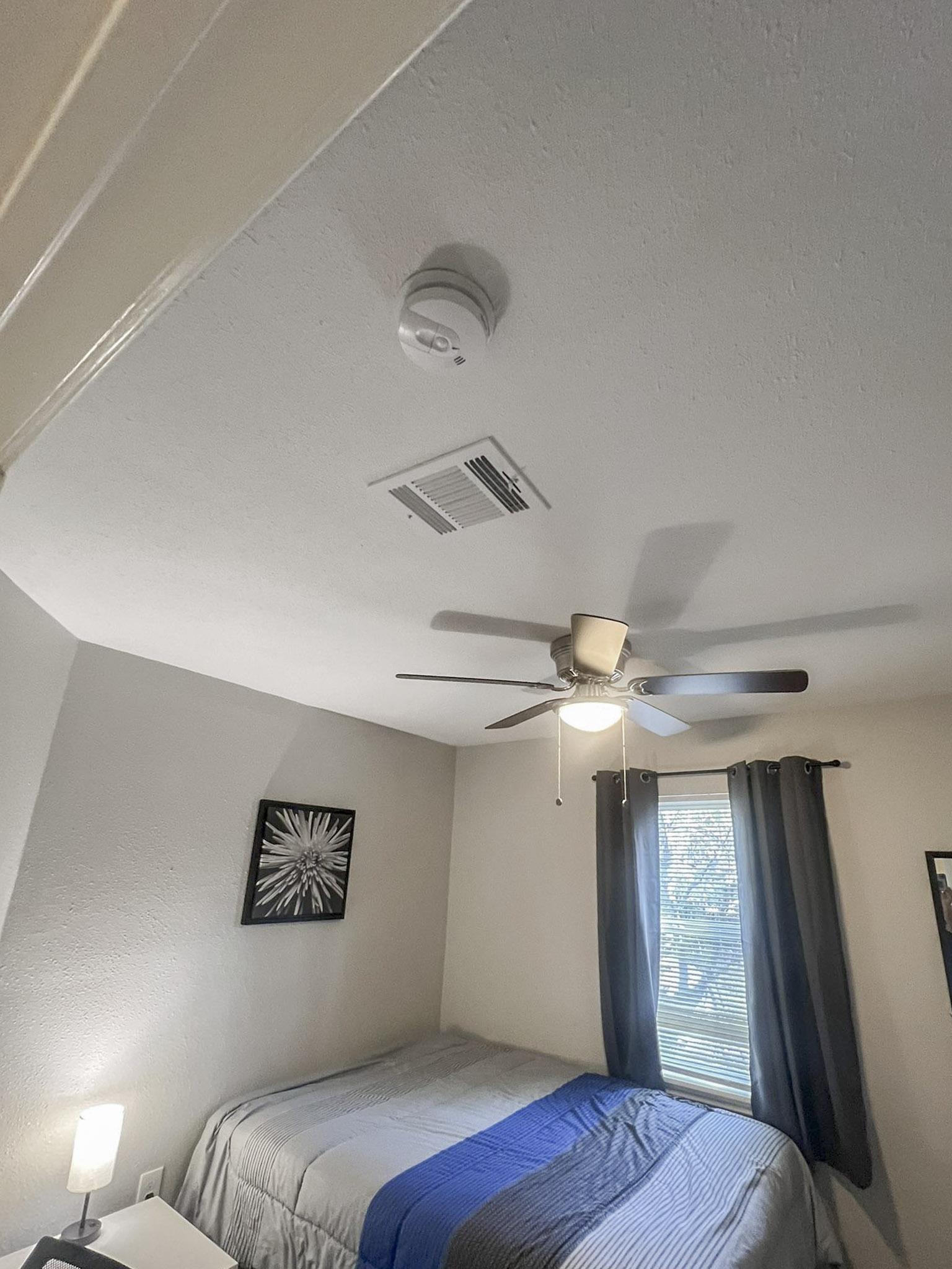 bedroom, detected:bed, ceiling fan, window blind
