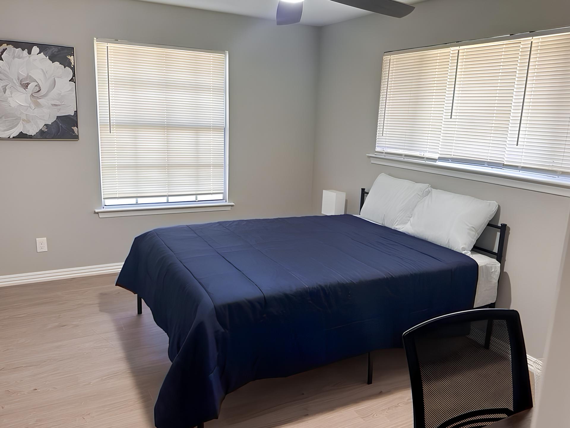 bedroom, detected:ceiling fan, window blind, bed