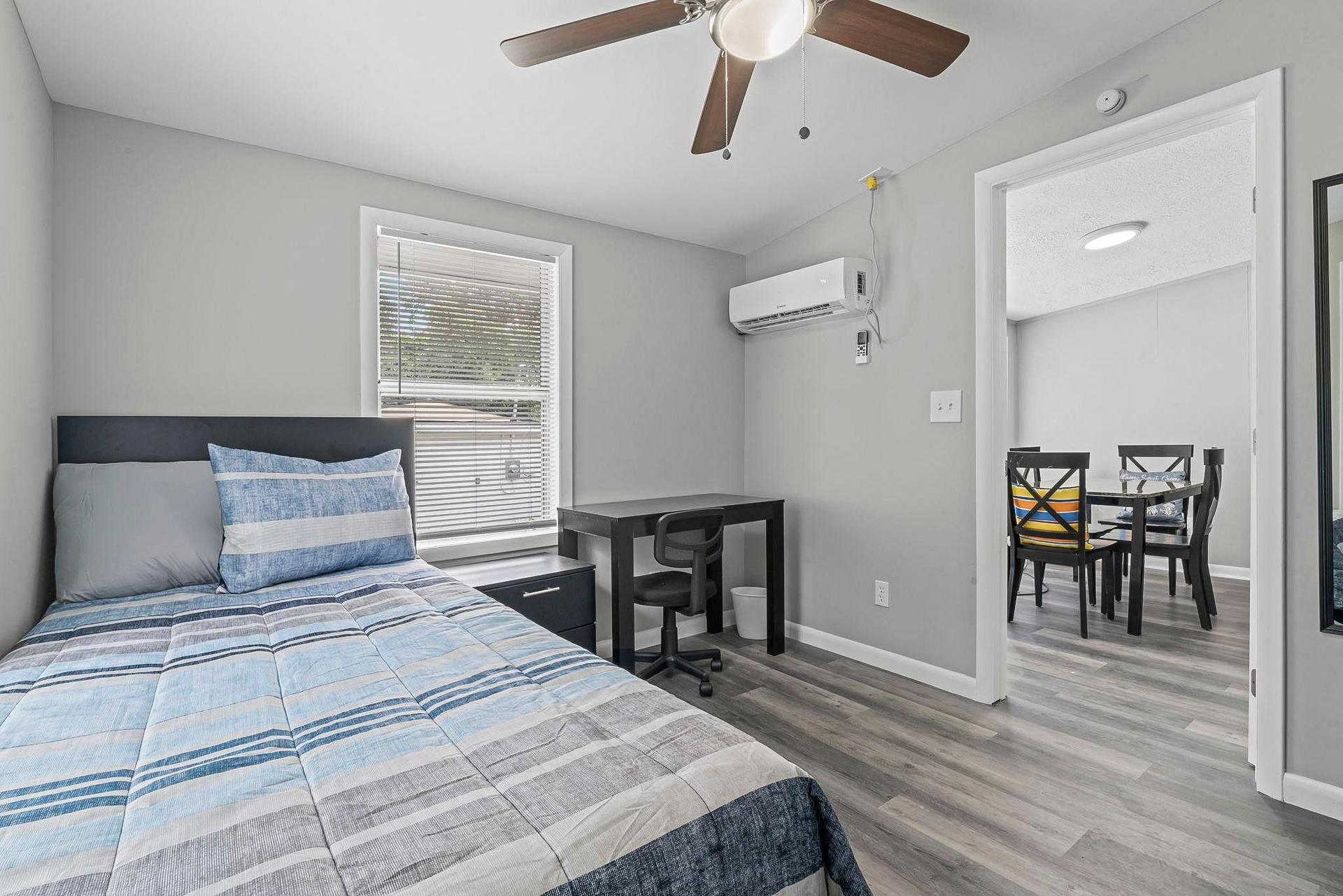 bedroom, detected:ceiling fan, window blind, bed